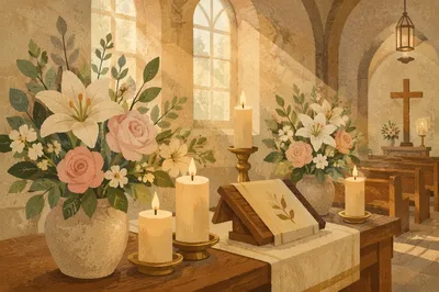 Church Altar Flowers and Candles at Dawn