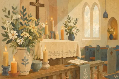 Candlelit Church Altar with Seasonal Flowers
