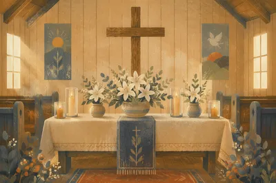 Quiet Chapel Altar with Lilies and Candles