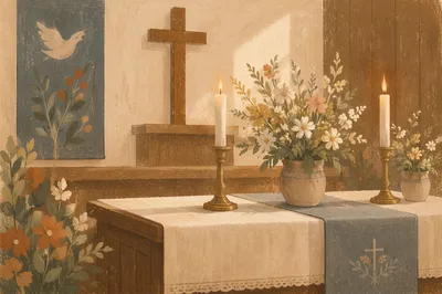 Peaceful Chapel Altar with Flowers and Candles
