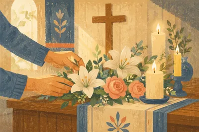 Morning Chapel Altar Flowers and Candles