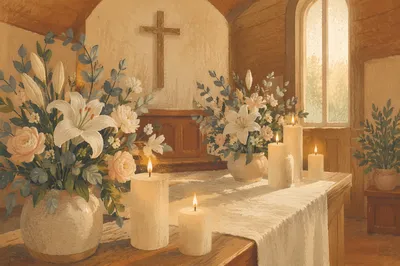 Peaceful Church Altar Flowers and Candles