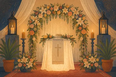 Candlelit Church Altar With Floral Arch