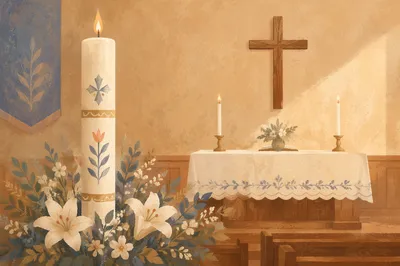 Peaceful Church Altar with Flowers and Candles
