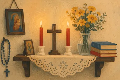 Home Altar with Red Candles and Flowers