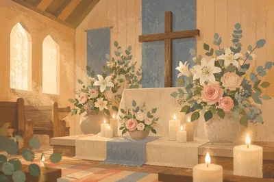 Peaceful Church Altar with Flowers and Candles