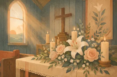 Morning Altar Flowers and Candlelight