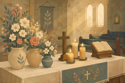 Quiet Church Altar with Flowers and Candles