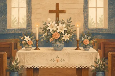 Peaceful Church Altar with Flowers and Candles