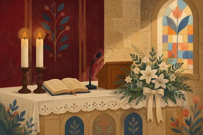Church Altar Flowers and Candlelight Worship