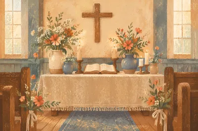 Peaceful Chapel Altar with Flowers and Candles