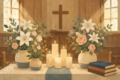 Morning Church Altar with Flowers and Candles