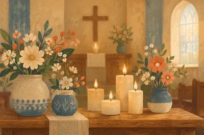 Quiet Church Altar with Flowers and Candles