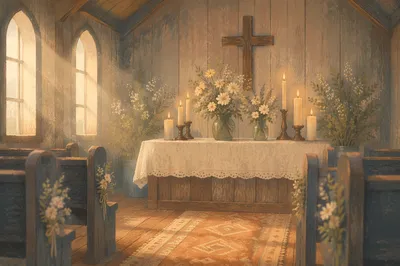 Quiet Chapel Altar with Flowers and Candles