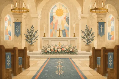 Sunlit Church Altar with Flowers and Candles