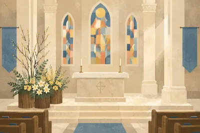 Serene Church Altar with Flowers and Candles