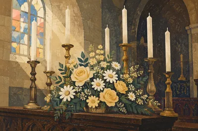 Church Altar Flowers with Brass Candleholders