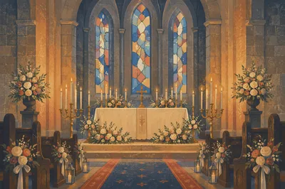 Candlelit Church Altar with Flowers