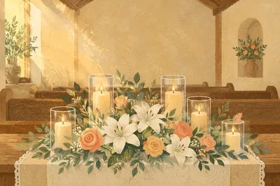Peaceful Chapel Altar Flowers and Candlelight