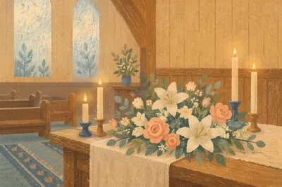 Quiet Chapel Altar with Flowers and Candles