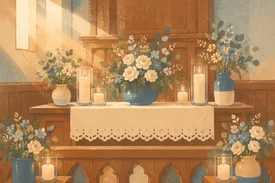 Quiet Chapel Altar with Flowers and Candles