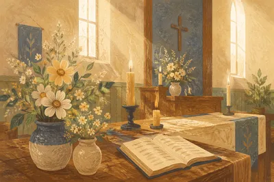 Sunday Chapel Altar with Flowers and Candles