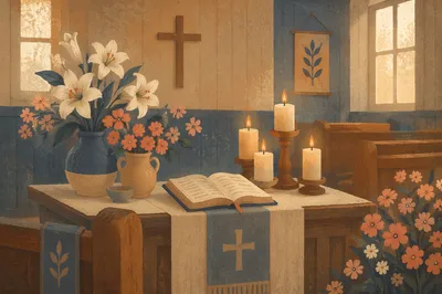 Quiet Chapel Altar with Flowers and Candles