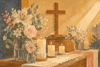 Morning Church Altar with Flowers and Candles