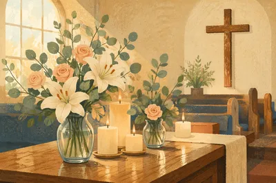 Quiet Church Altar with Flowers and Candles