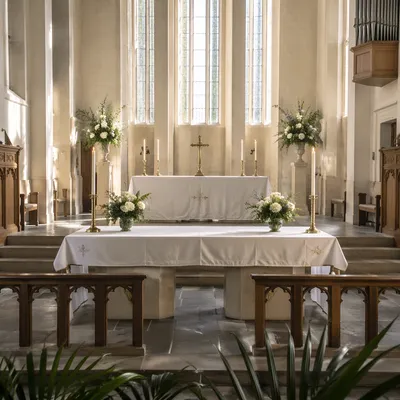 Serene Church Altar with Flowers and Candles