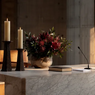 Contemporary Church Altar with Flowers and Candles