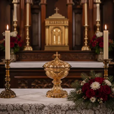 Traditional Chapel Altar with Flowers and Candles