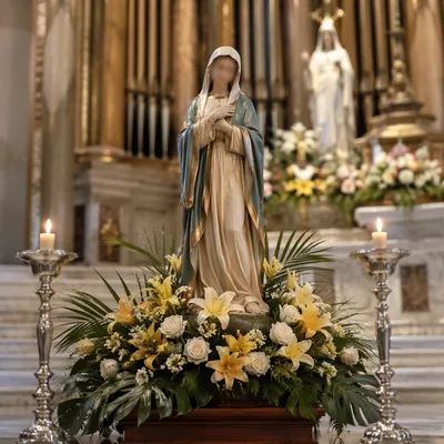 Church Altar Flowers with Candlelit Devotional Statue
