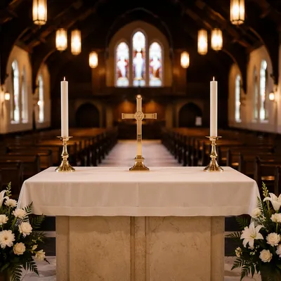Reverent Church Altar with Flowers and Candles