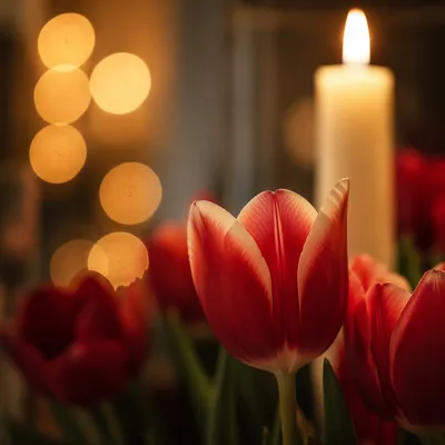 Red Tulips and Candles on Church Altar