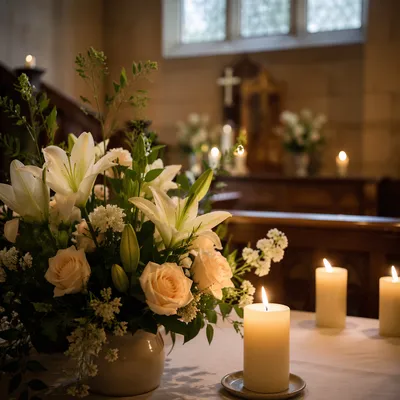 Church Altar Flowers and Candlelight