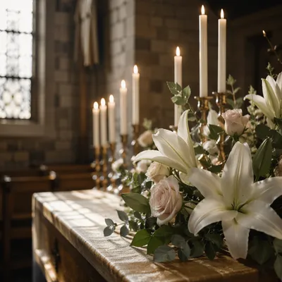 Peaceful Church Altar Flowers and Candles