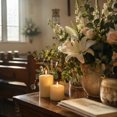 Morning Church Altar Flowers and Candles