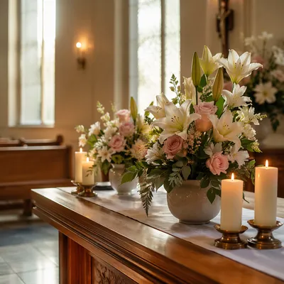 Church Altar Flowers and Glowing Candles