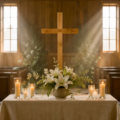 Quiet Chapel Altar with Lilies and Candles