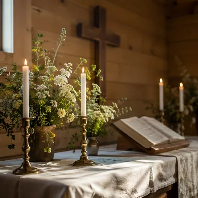Peaceful Chapel Altar with Flowers and Candles