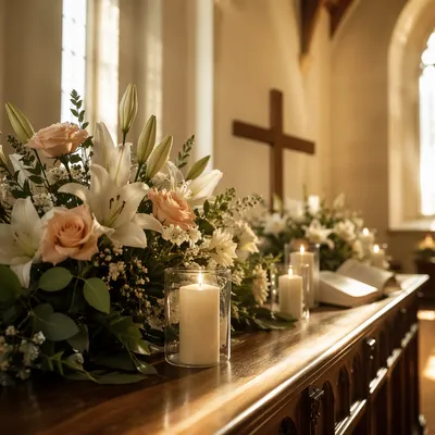 Morning Church Altar with Flowers and Candles