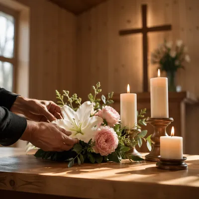 Morning Chapel Altar with Flowers and Candles