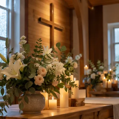 Quiet Church Altar with Flowers and Candles