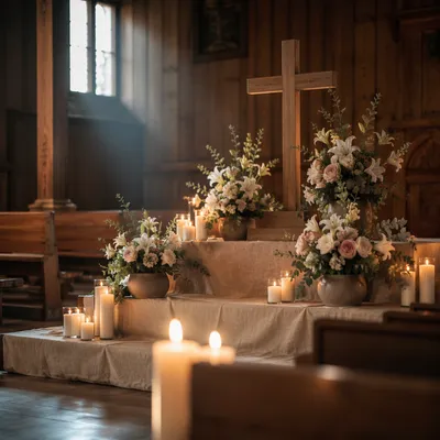 Quiet Church Altar with Flowers and Candles