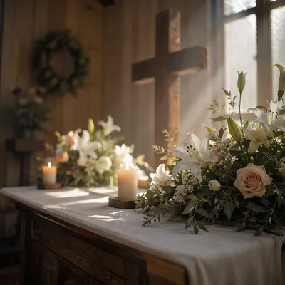 Peaceful Chapel Altar with Flowers and Candles