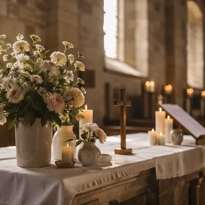 Quiet Church Altar with Flowers and Candles
