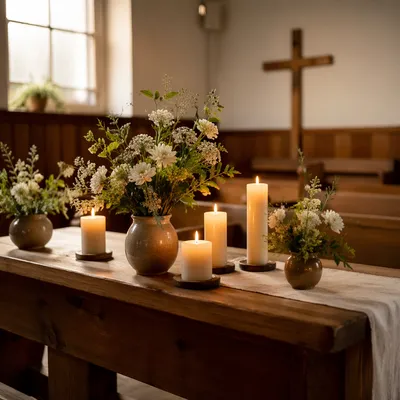 Quiet Church Altar with Flowers and Candles