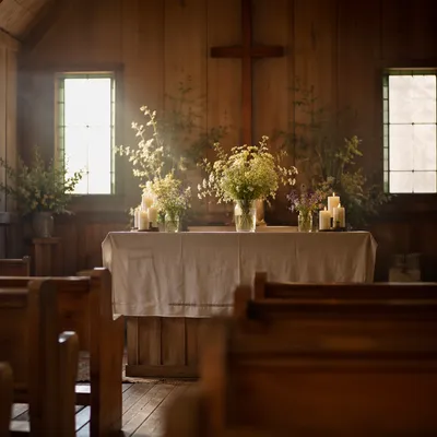 Quiet Chapel Altar with Flowers and Candles
