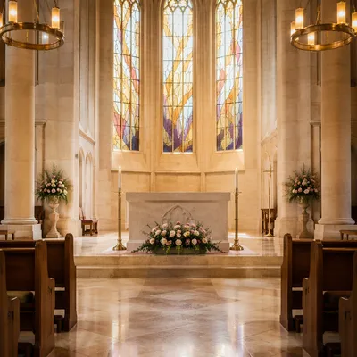 Serene Church Altar with Flowers and Candles